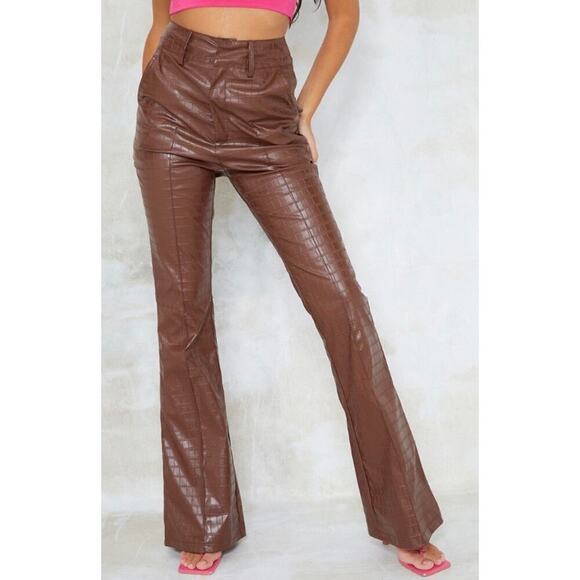 PRETTYLITTLETHING Tall Chocolate Faux Leather Croc Embossed Flare Pant Sz 6 - Picture 2 of 6